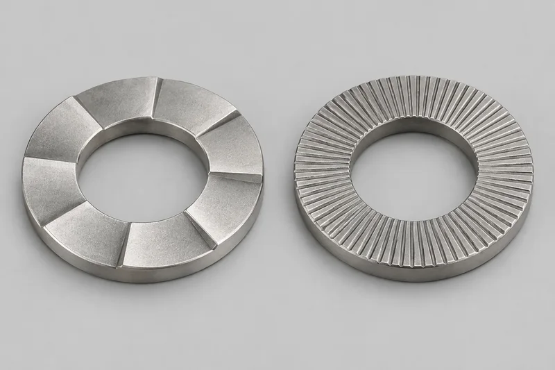 AI-rendered unassembled reference of two closed washer halves showing a coarse cam-ramp face and a fine serrated face; not an installation diagram or supplied-product proof.