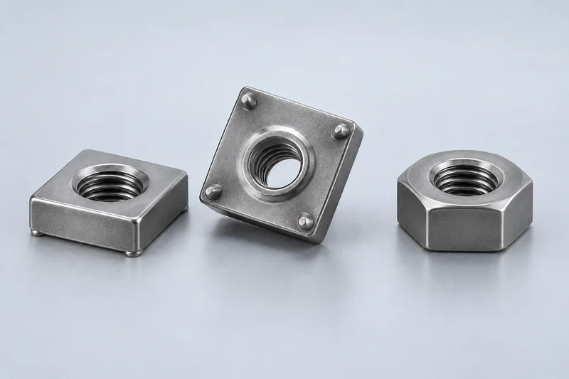Generic structural illustration of square and hexagonal weld nuts with a square underside showing projection contacts; not an actual factory photograph.