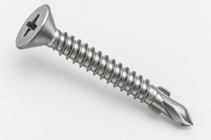 AI-generated generic countersunk wing-driller reference showing thread, two clearance wings and fluted drill point; not an exact supplied part or factory photograph.