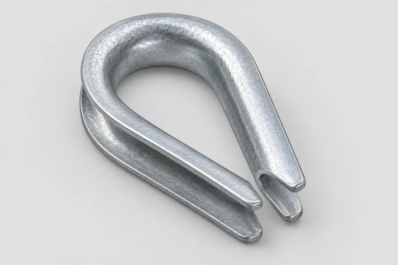 Reference illustration of a formed steel wire rope thimble with a teardrop eye, peripheral channel and separate open tips.