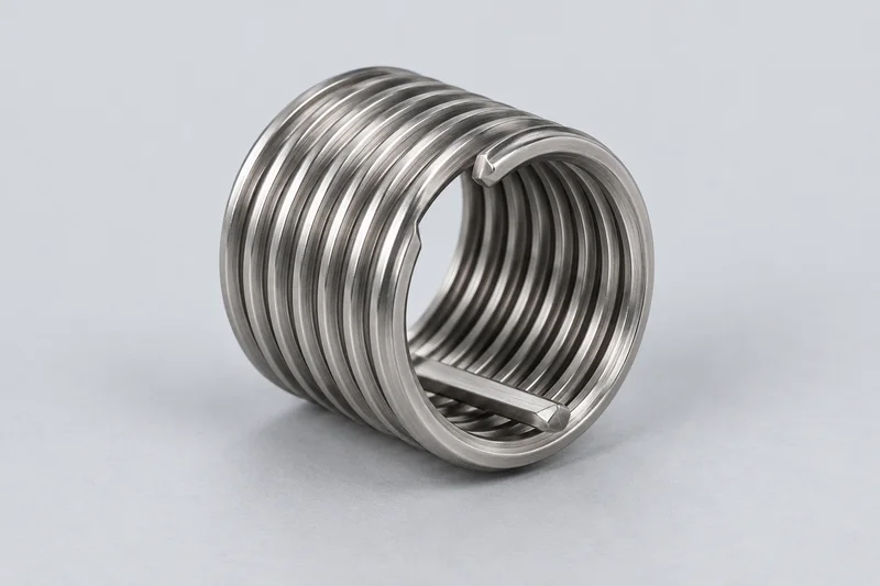 AI-generated reference of a tanged helical wire thread insert; not a solid sleeve, factory photograph or dimensional drawing