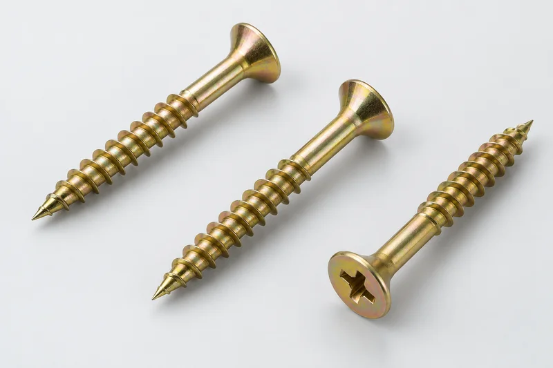 Countersunk wood screws with pointed tips, coarse threads and partially plain shanks